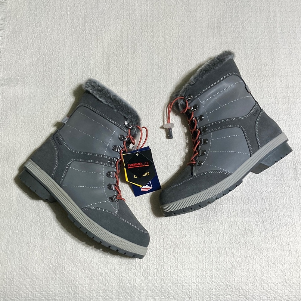 Khombu NWT Janet Winter Boots Gray Cinch Closure Faux Fur Memory Foam Size 8W